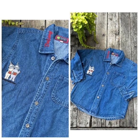 Teletubbies Denim Button-up Shirt Patchwork Embroidery Dalang Bardy Night Class - Picture 1 of 7